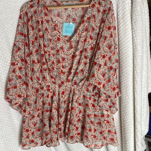 Hayden Tops - Hayden Los Angeles Red peach and Gray sheer Floral Blouse